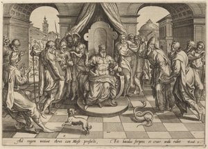 Mojżesz i Aaron przed faraonem autorstwa Johan Wierix, after Maarten van Cleef