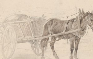 Wóz zaprzężony w brązowego konia przy słupie latarni, Verso: Grupa konnych, ok. 1930 r. 1815.