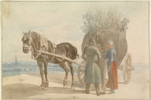Austriaccy chłopi z koniem i wozem, z widokiem na Wiedeń w oddali autorstwa Johann Adam Klein