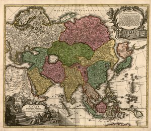 Asiae recentissima delineatio, qua status et imperia totius orientis unacum orientalibus indiis exhibentur LOC 2007627524 autorstwa Johann Baptist Homann