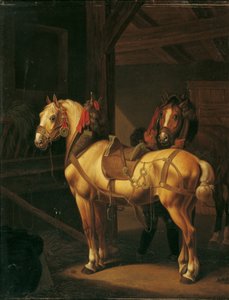 Dwa konie pociągowe w stajni autorstwa Johann Baptist Michael Dallinger von Dalling