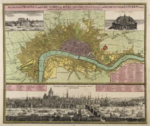 Mapa i perspektywa Londynu, ok. 1710 (rycina ręcznie kolorowana)