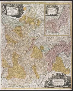 Mapa Bawarii, „Bavariæ Pars Superior”, po 1715 r. (kolorowy grawerunek) autorstwa Johann Baptista Homann