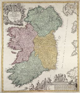 Mapa Irlandii przedstawiająca prowincje Ulster, Munster, Connaught i Leinster, autorstwa Johanna B. Homanna, ok. 1730 r. (rycina ręcznie kolorowana)