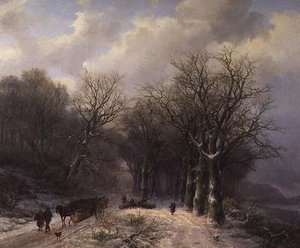 Wózek z drewnem zimą autorstwa Johann Bernard Klombeck