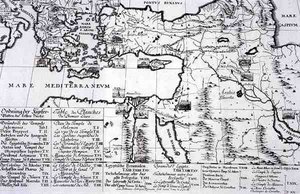 Mapa miejscowości cytowanych w I księdze „Projektowanie architektury historycznej” autorstwa Johann Bernhard (after) Fischer von Erlach