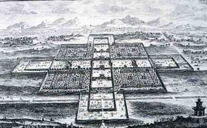 Widok perspektywiczny Pałacu Cesarskiego, Pekin, Chiny, z „Planu architektury historycznej”, rytego przez Johanna Adama Delsenbacha (1687-1765) 1721 (grafika) autorstwa Johann Bernhard (after) Fischer von Erlach