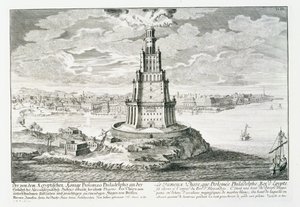 Faros z Aleksandrii, tablica 9 z „Projekt architektury historycznej”, sztych. Johann Adam Delsenbach (1687-1765) 1721 (rycina) autorstwa Johann Bernhard (after) Fischer von Erlach