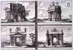 Łuk triumfalny Katulusa i Mariusza w Orange, Łuk Domicjana, Łuk Drususa i Łuk Septymiusza Sewera, z "Entwurf einer historischen Architektur", rycina Johanna Adama Delsenbacha (1687-1765)