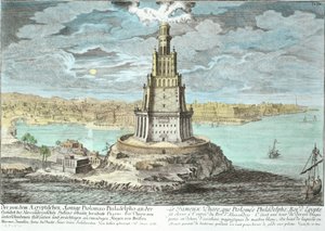 Latarnia morska w Aleksandrii, zbudowana przez Ptolemeusza Wielkiego (36-po 30 pne), Egipt, z Entwurf einer historischen Architektur, rytowana przez Johanna Adama Delsenbacha (1687-1765) 1721 (później kolor