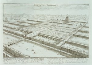 Panoramiczny widok na Pałac Królewski i Wiszące Ogrody Babilonu, z 
