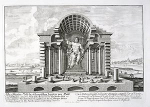 Posąg Zeusa Olimpijskiego dłuta Fidiasza, tablica 5 z "Projekt architektury historycznej", sztur. Johann Adam Delsenbach (1687-1765) 1721 autorstwa Johann Bernhard Fischer von Erlach