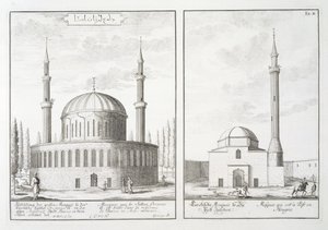 Widok meczetu w Bursie i meczetu na Węgrzech, z „Planu architektury historycznej”, 1721 autorstwa Johann Bernhard Fischer von Erlach