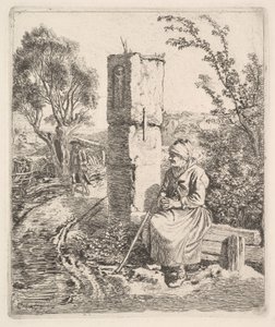 Staruszka siedząca przy filarze na poboczu drogi, 1819. autorstwa Johann Christian Erhard