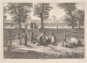 Scena plenerowa kobiet w czynnościach domowych w Norymberdze, XIX w. autorstwa Johann Christian Erhard