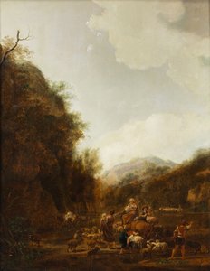 Górski krajobraz z pasterzami i bydłem przy poidłach autorstwa Johann Christian Klengel