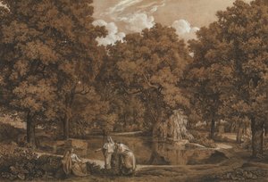 Arkadyjski krajobraz z trzema postaciami nad jeziorem, 1792.