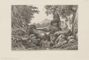 Skalisty krajobraz z idącym pasterzem po lewej autorstwa Johann Christian Reinhart