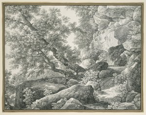 Skalisty krajobraz z drzewami autorstwa Johann Christian Reinhart