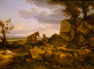 Włoski pejzaż z odpoczywającym myśliwym, autoportret autorstwa Johann Christian Reinhart