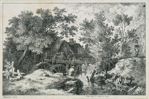 Pejzaż z młynem wodnym (pierwsza próba miedziorytu) autorstwa Johann Christian Reinhart
