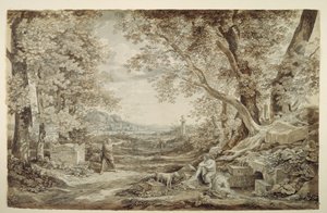 Krajobraz z antycznymi pomnikami („Wynalezienie kapitelu korynckiego“) autorstwa Johann Christian Reinhart