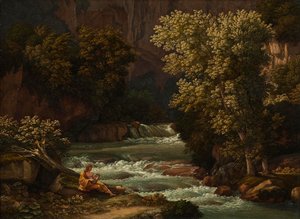Widok na Ponte Lupo koło Tivoli, z osobą grającą na lirze na pierwszym planie autorstwa Johann Christian Reinhart