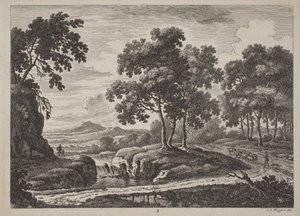 Panoramiczne krajobrazy rzeczne z podróżnikami, 1734.