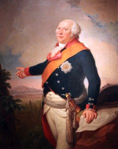 Portret króla Prus Fryderyka Wilhelma II (1744-1797) z gwiazdą pruskiego Orderu Czarnego Orła, jego lewa ręka spoczywa na mapie Frankfurtu, pejzaż z armią pruską obozującą pod Frankfurtem.