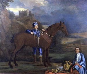 Portret konia wyścigowego i dżokeja, ok. 1690 (olej na płótnie) autorstwa Johann Closterman