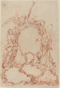 Rokokowy kartusz z alegorycznymi postaciami autorstwa Johann Daniel Herz the Elder