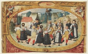 Miniatura dziecięcej zabawy: dzieci tańczące wokół koguta autorstwa Johann Daniel Schmied