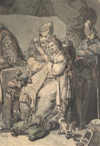 Kobieta w toalecie z służącą, chłopcem, psem i młodym żołnierzem, verso: Szkic..., 1770.