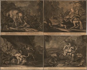 Ca. 1770 alegoryczne mezzotinty Afryki, Azji, Ameryki i Europy na jednej stronie
