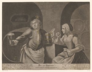 Mężczyzna i kobieta piją piwo i brandy Piwo i Brandewein / Cerevisia et vinum sublimatum