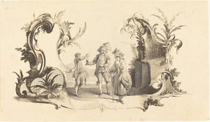 Cartouche Moderne z młodą parą podawaną winem autorstwa Johann Esaias Nilson