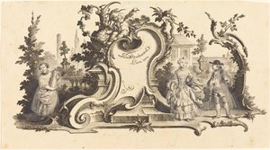 Nowoczesne kartusze ozdobione [różnymi figurami] (tablica VI-1 z zestawu) autorstwa Johann Esaias Nilson