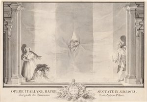 Dwóch aktorów wygląda przez teatralną kurtynę, podczas gdy inni przygotowują reflektory autorstwa Johann Esaias Nilson