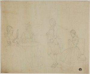 Szkic grupy rodzinnej z trzema siedzącymi kobietami i stojącym młodym mężczyzną autorstwa Johann Friedrich August Tischbein