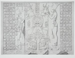 Relief przedstawiający księdza z darami z Sanktuarium Świątyni Słońca w Palenque, tablice 29 i 30 z Ancient Monuments of Mexico, rytowane przez Wernera, 1866