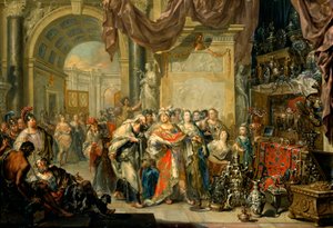 ""Cresus (596-546 avant JC) montre ses tresors a Solon (640-558 av. JC)"" - Krezus i Solon - Olej na miedzi Johanna Georga Platzera (1704-1761) - Państwowa Galeria Sztuki, Drezno autorstwa Johann Georg Platzer