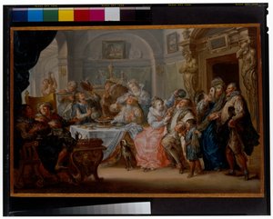 Wnętrze z eleganckimi postaciami w biesiadujących kostiumach maskaradowych autorstwa Johann Georg Platzer