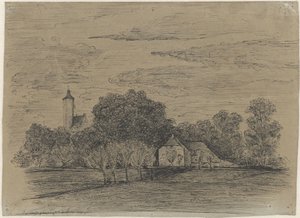 Krajobraz z farmą i wieżą autorstwa Johann Georg Schwartze (possibly)