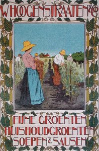 Zbiór grochu, plakat reklamujący „Whoogenstraaten & Co., dostawcy doskonałych warzyw, zup i sosów” ok. 1898-90 (kolor lito)