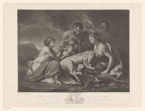 Jupiter gezoogd door de geit Amalthea Opieka Jowisza (tytuł na obiekcie) autorstwa Johann Gerard Huck