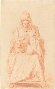 Młoda kobieta szyje z psem na kolanach autorstwa Johann Gottlieb Glume