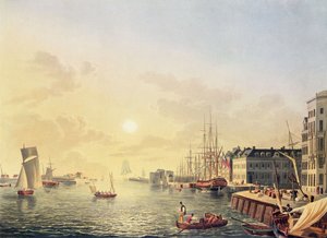 Widok na port i port w Le Havre, początek XIX wieku (kolorowe grawerowanie) autorstwa Johann Heinrich (after) Luttringshausen