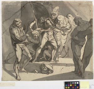Richard Plantagenet rzuca odciętą głowę księcia Somerset u stóp ojca. Ilustracja do Henryka VI Szekspira, część 3, akt 1, wiersz 20