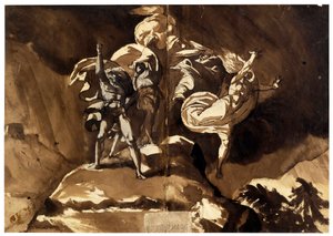 Czarownice unoszące się nad Makbetem i Banko (Les sorcieres flottant au dessus de Macbeth et Banquo) - par Fussli (Fuseli), Johann Heinrich (1741-1825), - Pióro, pędzel, brązowy tusz indyjski, kolor biały, czarna kreda na papierze, 46,5x66,2 - Kolekcja pry