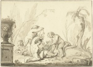 Alegoryczne przedstawienie z dziećmi z koszem kwiatów autorstwa Johann Heinrich Keller (II)
